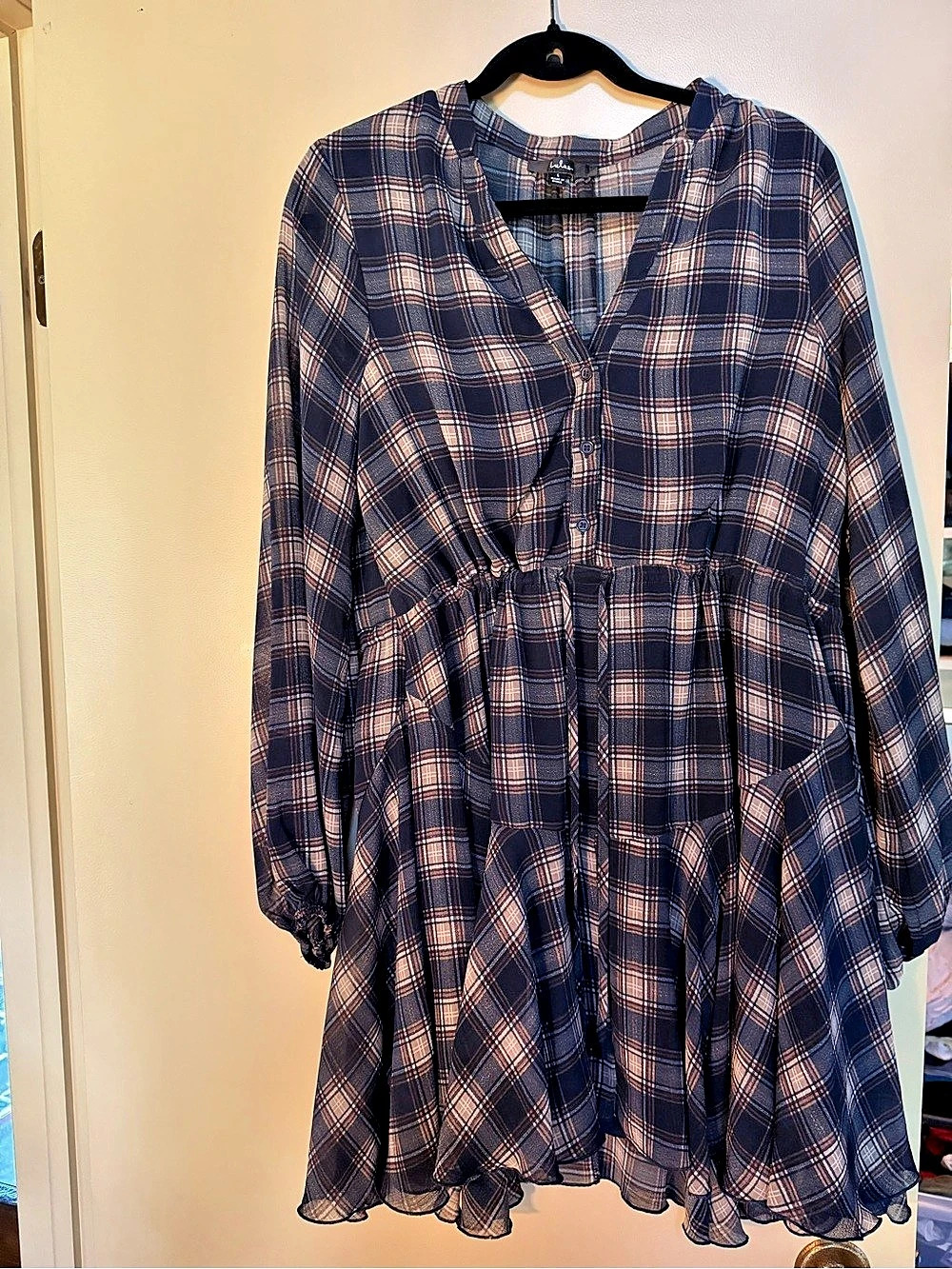 Lulus Delightfully Darling Navy Blue Plaid Long Sleeve Mini Dress Navy Blue